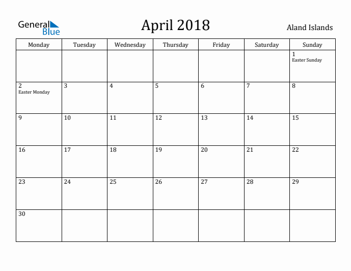 April 2018 Calendar Aland Islands