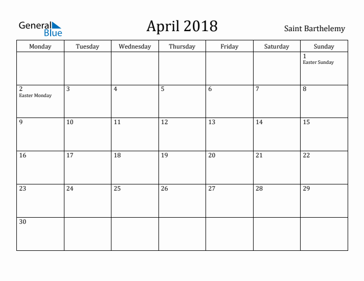 April 2018 Calendar Saint Barthelemy