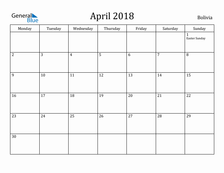 April 2018 Calendar Bolivia