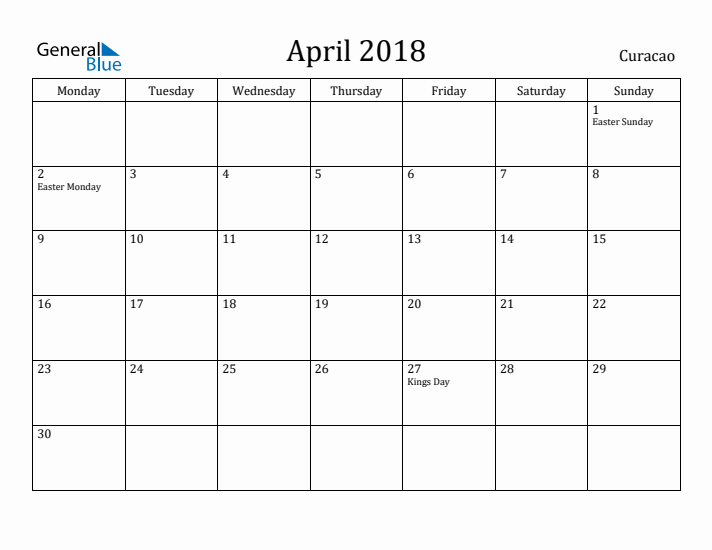 April 2018 Calendar Curacao