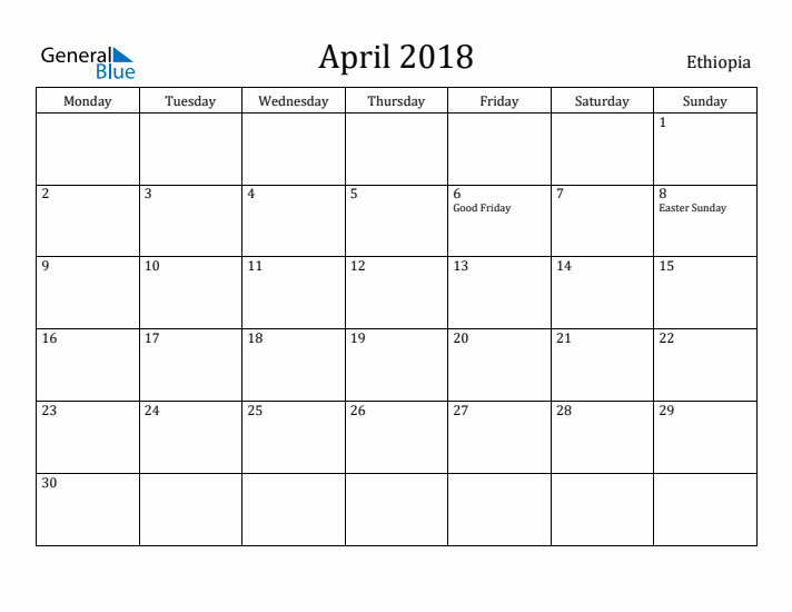 April 2018 Calendar Ethiopia