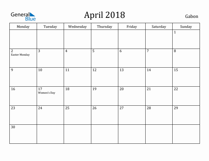 April 2018 Calendar Gabon