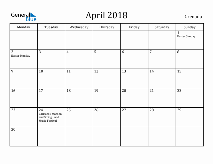 April 2018 Calendar Grenada