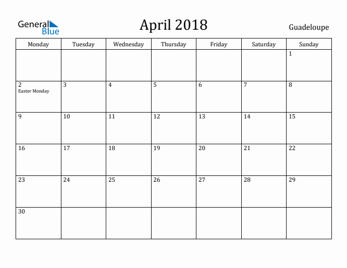 April 2018 Calendar Guadeloupe