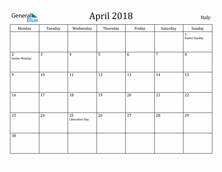 April 2018 Calendar Italy