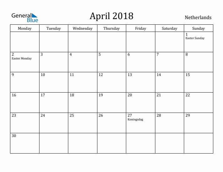 April 2018 Calendar The Netherlands