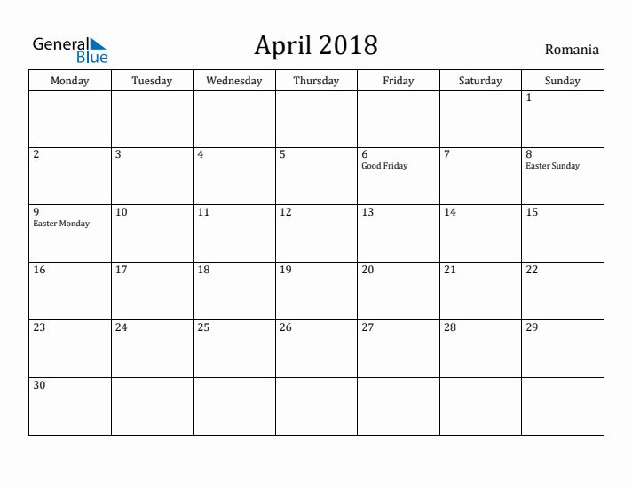 April 2018 Calendar Romania