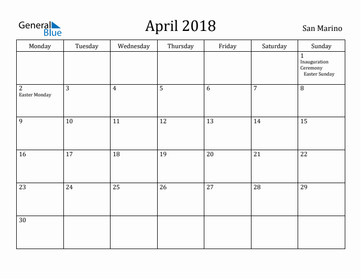 April 2018 Calendar San Marino