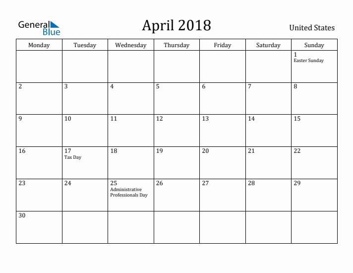 April 2018 Calendar United States