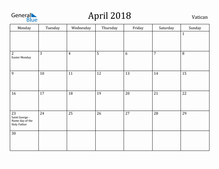 April 2018 Calendar Vatican