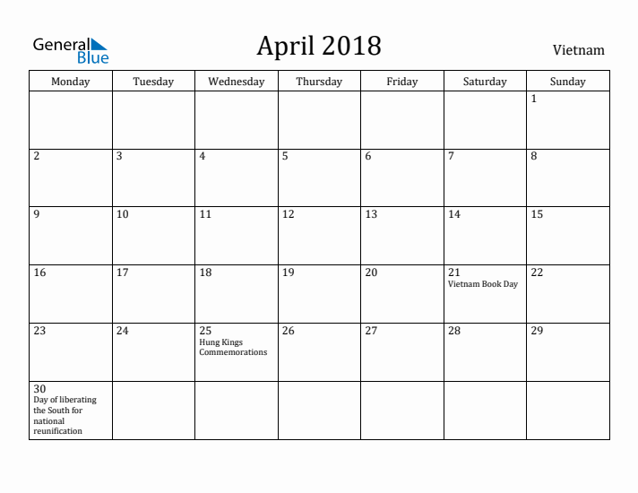 April 2018 Calendar Vietnam