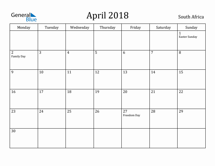 April 2018 Calendar South Africa