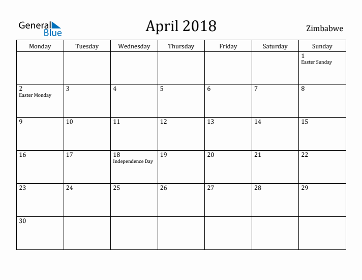 April 2018 Calendar Zimbabwe