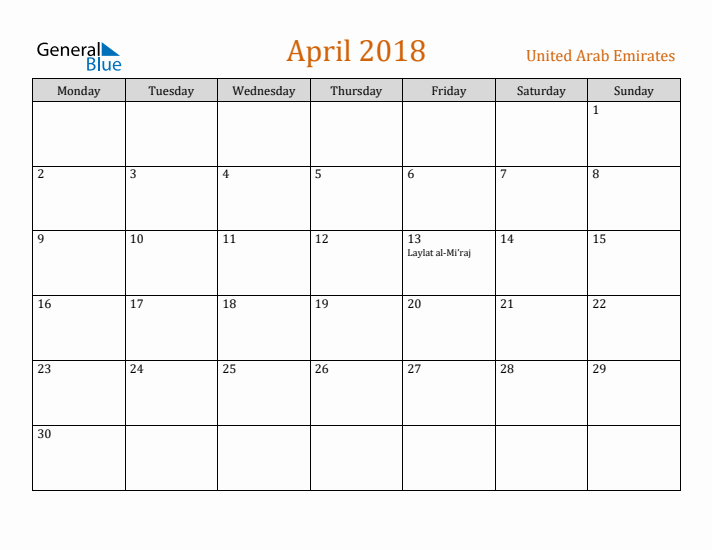 April 2018 Holiday Calendar with Monday Start