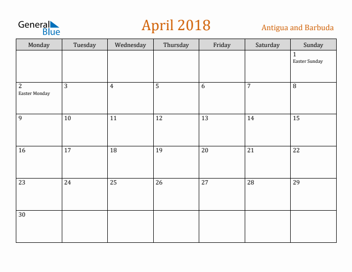 April 2018 Holiday Calendar with Monday Start