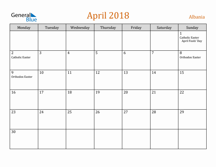 April 2018 Holiday Calendar with Monday Start