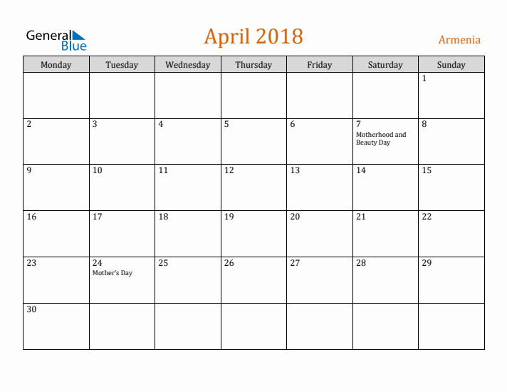 April 2018 Holiday Calendar with Monday Start