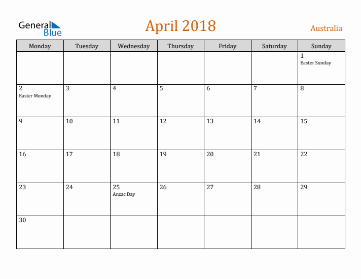 April 2018 Holiday Calendar with Monday Start