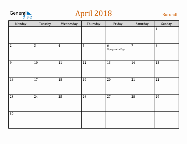 April 2018 Holiday Calendar with Monday Start