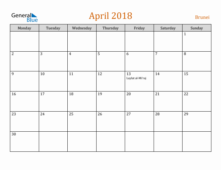 April 2018 Holiday Calendar with Monday Start