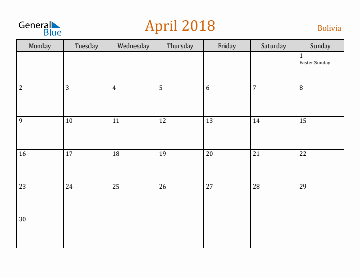 April 2018 Holiday Calendar with Monday Start