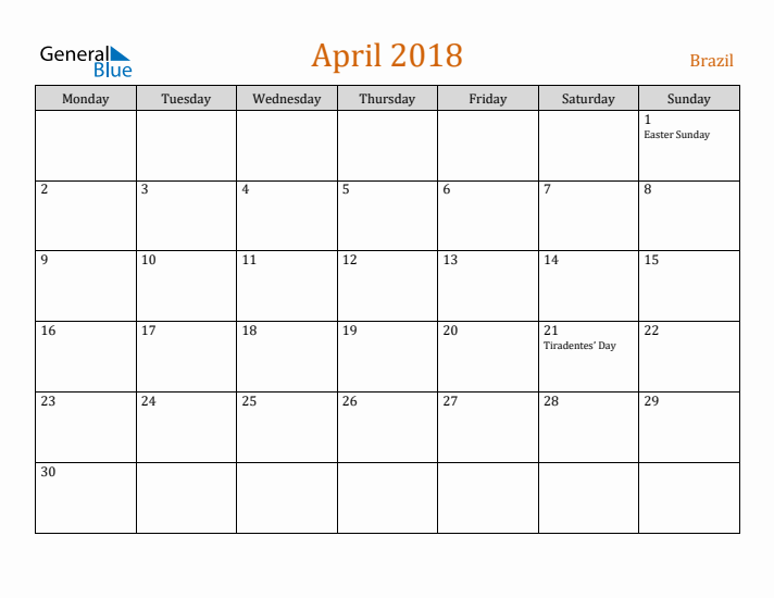 April 2018 Holiday Calendar with Monday Start