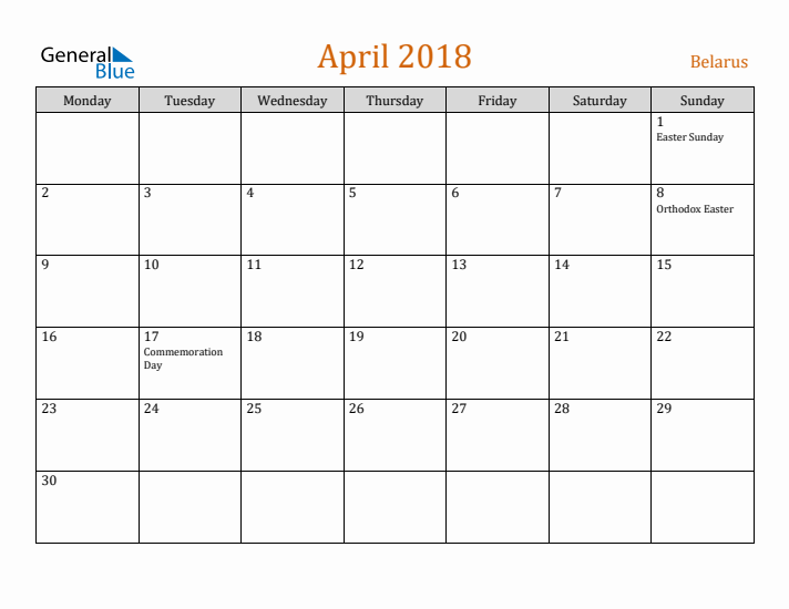 April 2018 Holiday Calendar with Monday Start