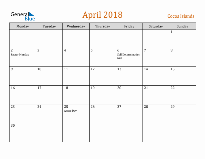 April 2018 Holiday Calendar with Monday Start