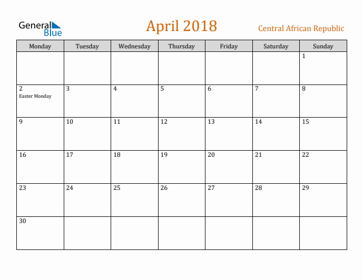 April 2018 Holiday Calendar with Monday Start