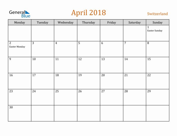 April 2018 Holiday Calendar with Monday Start