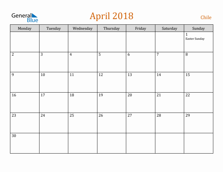 April 2018 Holiday Calendar with Monday Start