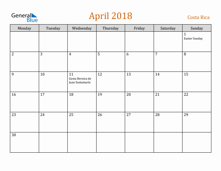 April 2018 Holiday Calendar with Monday Start