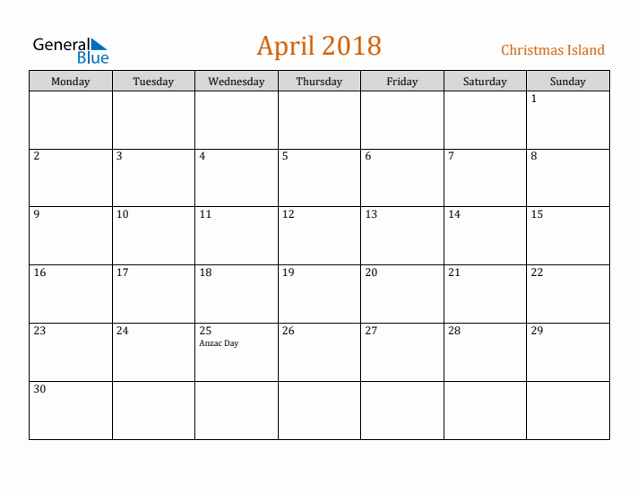 April 2018 Holiday Calendar with Monday Start