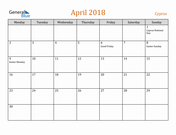 April 2018 Holiday Calendar with Monday Start