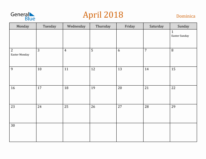 April 2018 Holiday Calendar with Monday Start