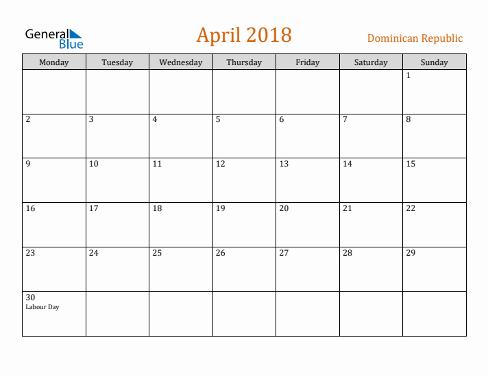 April 2018 Holiday Calendar with Monday Start