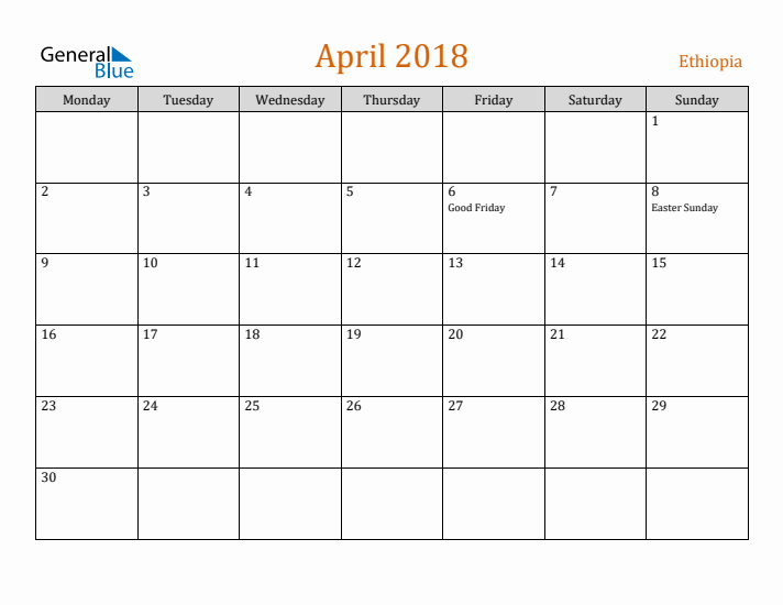 April 2018 Holiday Calendar with Monday Start