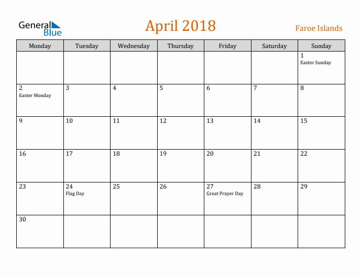 April 2018 Holiday Calendar with Monday Start