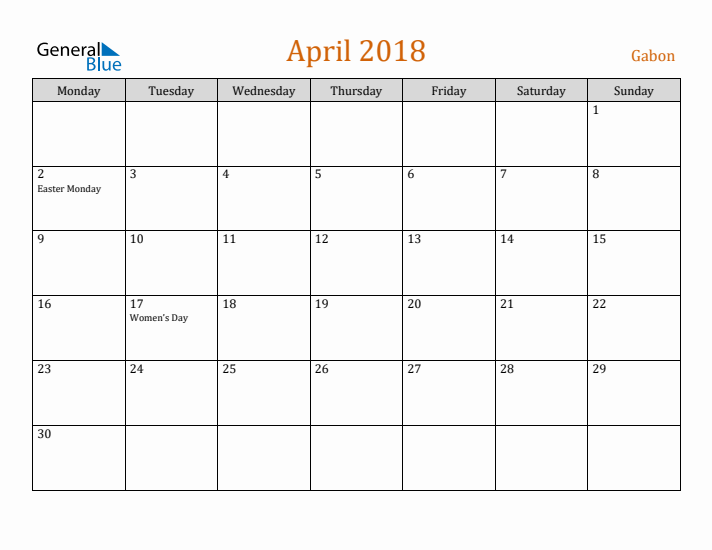 April 2018 Holiday Calendar with Monday Start