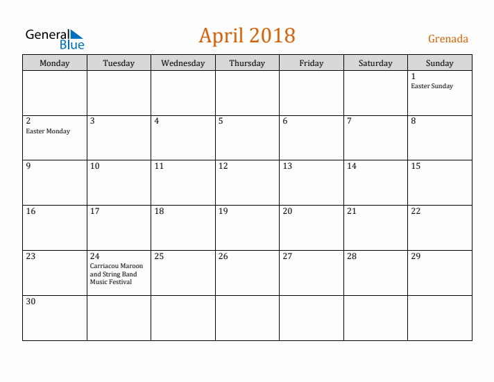 April 2018 Holiday Calendar with Monday Start