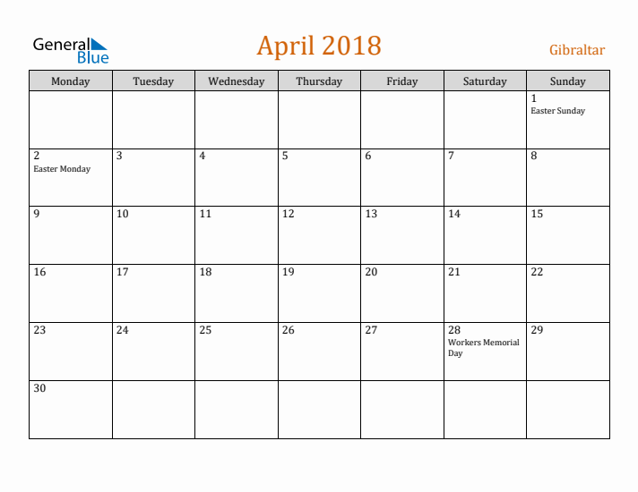 April 2018 Holiday Calendar with Monday Start