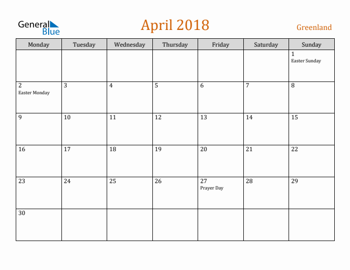 April 2018 Holiday Calendar with Monday Start