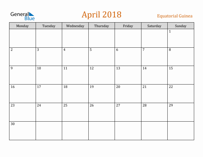 April 2018 Holiday Calendar with Monday Start