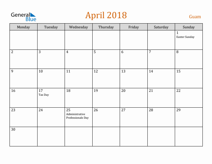 April 2018 Holiday Calendar with Monday Start