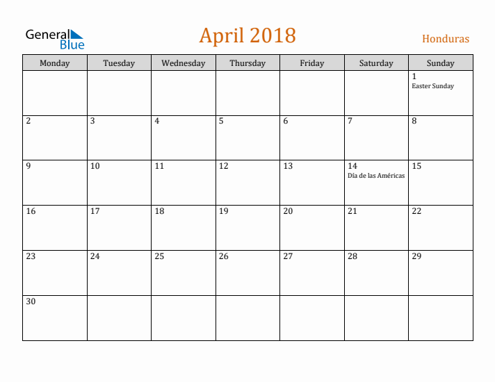 April 2018 Holiday Calendar with Monday Start