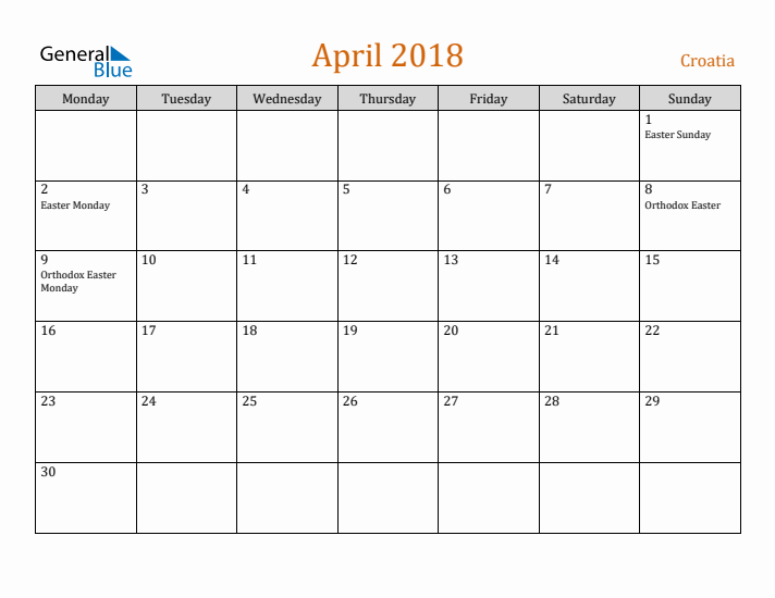 April 2018 Holiday Calendar with Monday Start