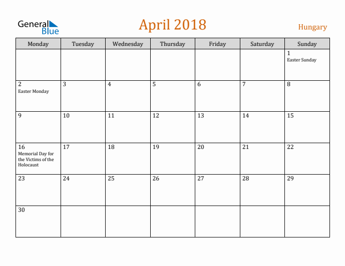 April 2018 Holiday Calendar with Monday Start