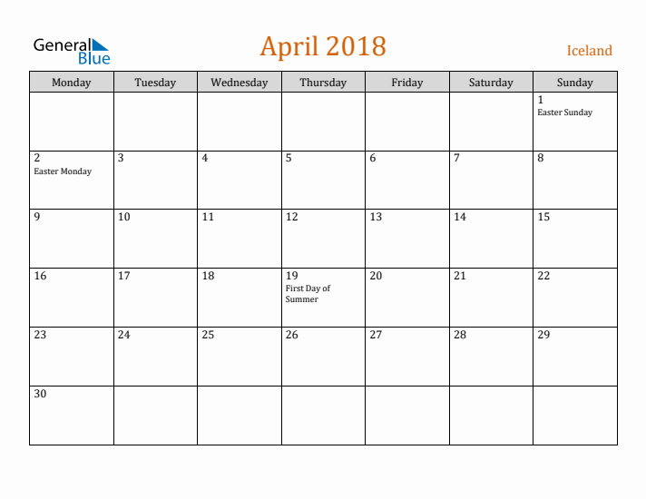 April 2018 Holiday Calendar with Monday Start