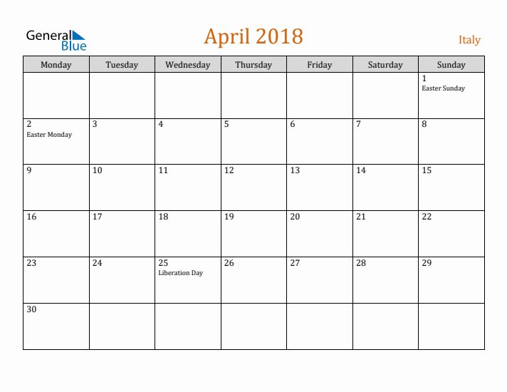 April 2018 Holiday Calendar with Monday Start