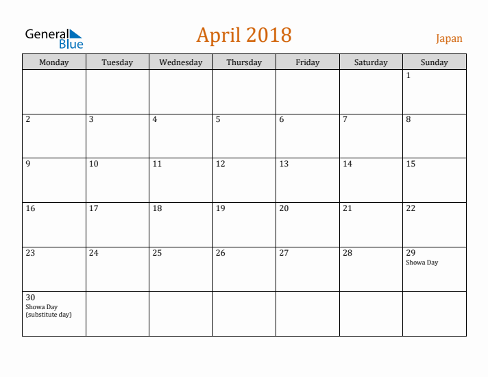 April 2018 Holiday Calendar with Monday Start